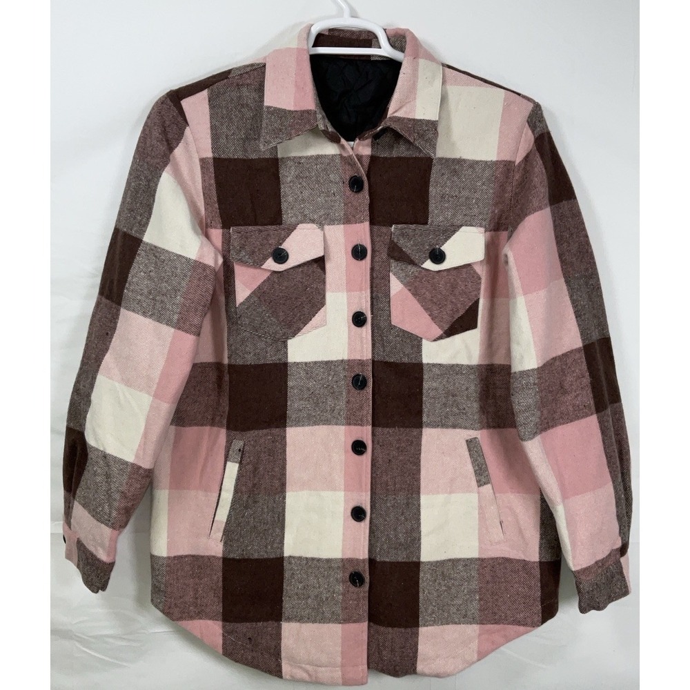 NWOT Women's Luvamia Pink, Brown & White Quilted‎ Flannel Shacket - Large